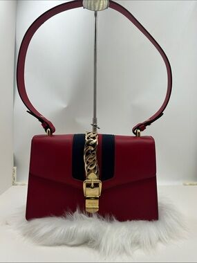 Gucci Red Leather Shoulder Bag with Navy Stripe and Gold Chain